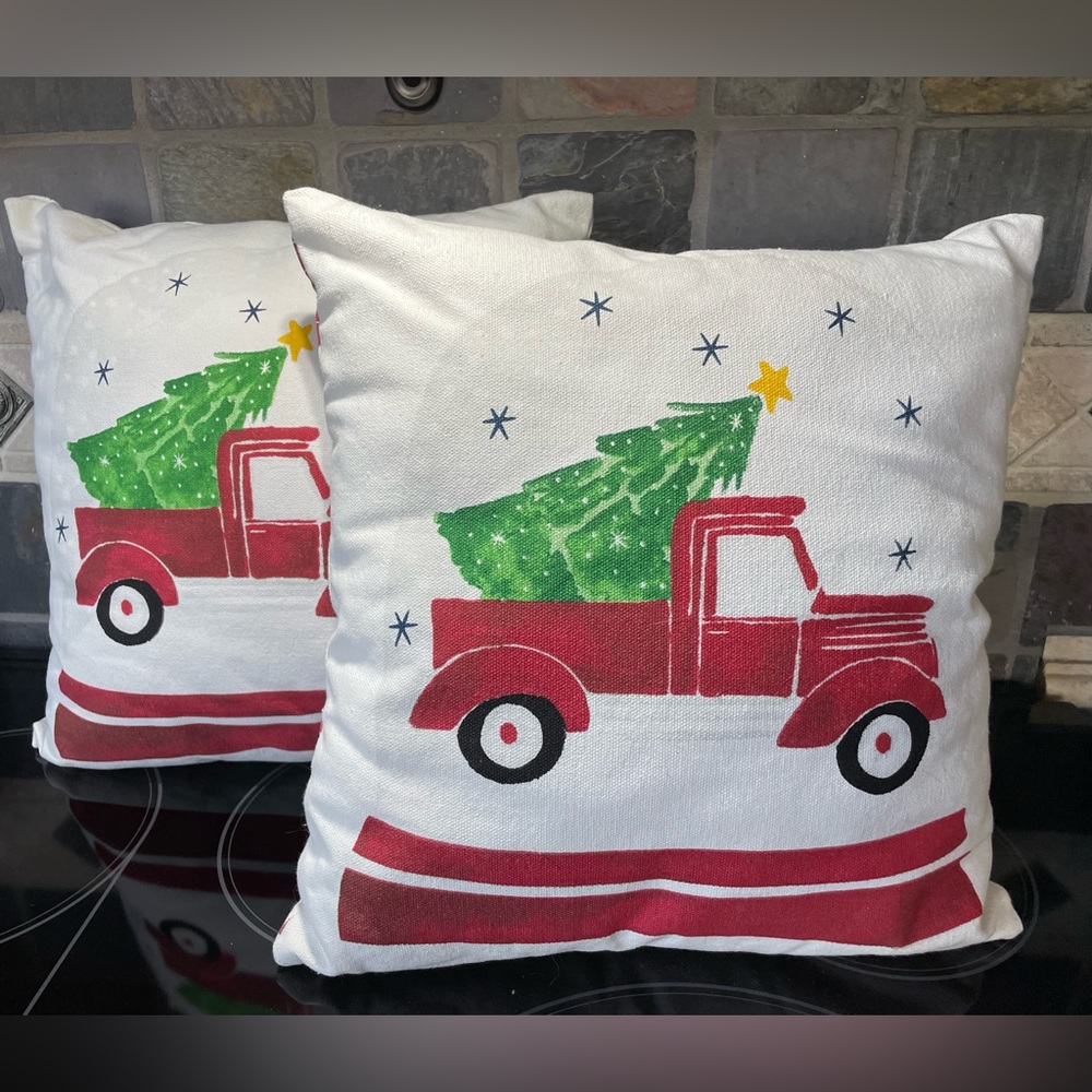 Festive Red Truck/Tree holiday Pillow Set 12” x 12” double sided design new